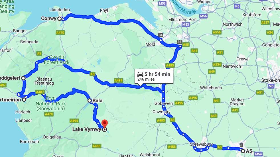 Conwy to Lake Vyrnwy map